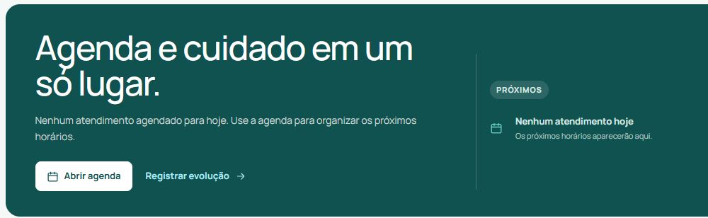 Visão geral real do sistema: agenda e cuidado em um só lugar